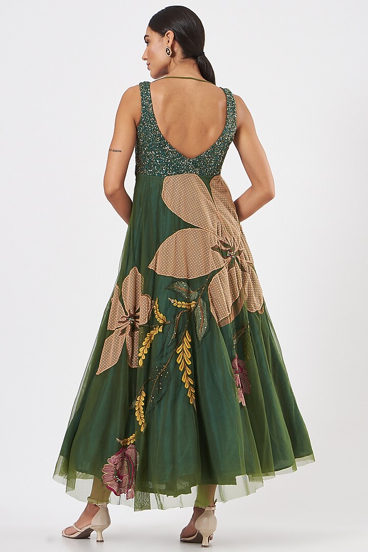 Green Floral Embroidered Engagement Gown by Piyanshu Bajaj at Pernia's Pop Up Shop