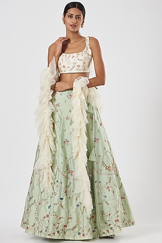 Light Green Embroidered Lehenga Set by Piyanshu Bajaj
