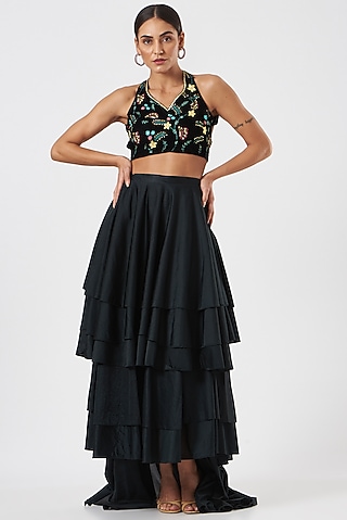 Black Satin Skirt Set by Piyanshu Bajaj