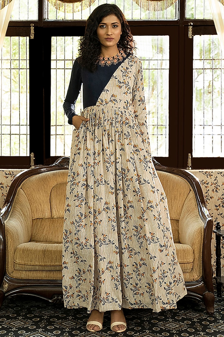 Beige Printed & Embroidered Maxi Dress by Piyanshu Bajaj