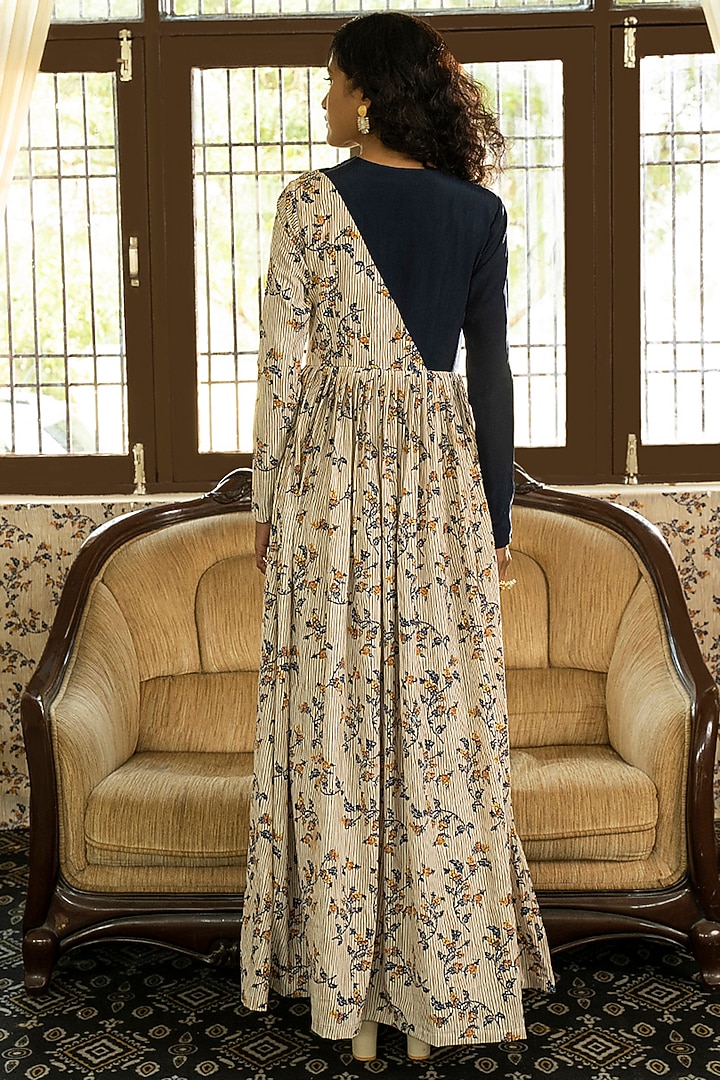 Beige Printed & Embroidered Maxi Vacation Dress by Piyanshu Bajaj at Pernia's Pop Up Shop