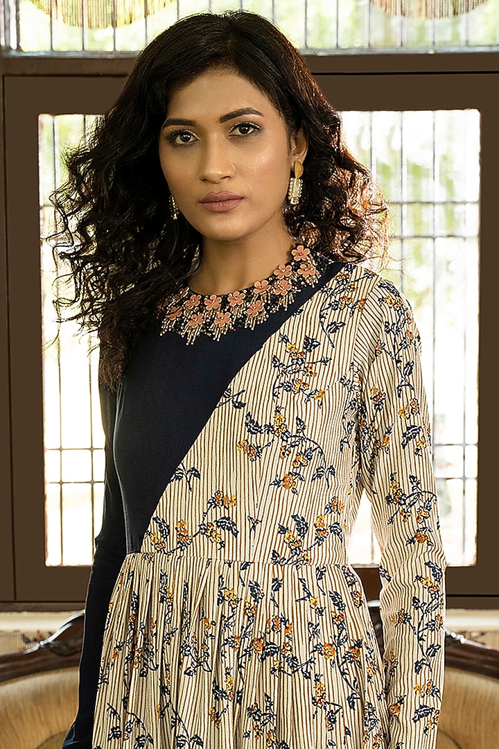 Beige Printed & Embroidered Maxi Vacation Dress by Piyanshu Bajaj at Pernia's Pop Up Shop
