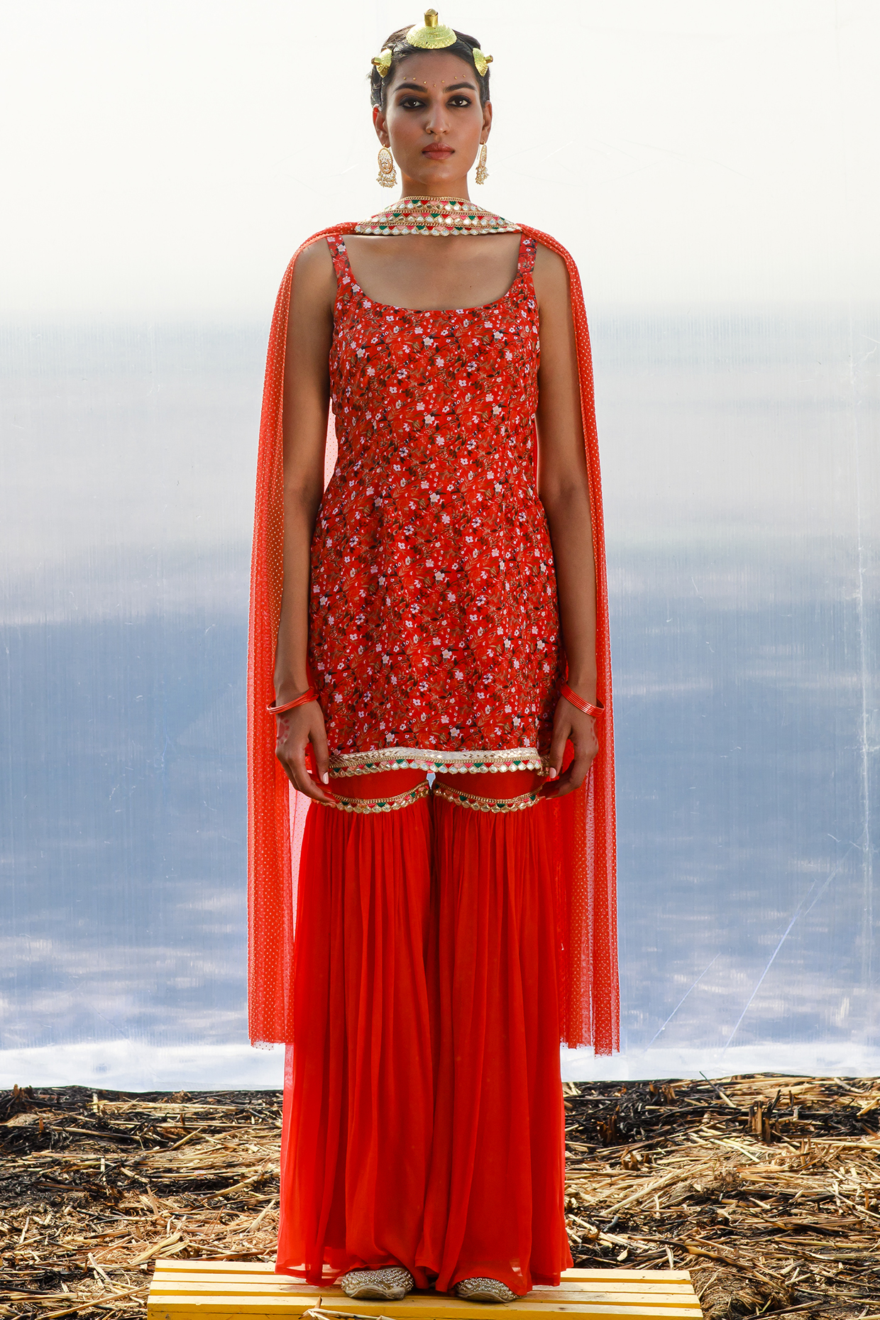 Red Georgette Party Wear Sharara Set by Piyanshu Bajaj at Pernia's Pop Up Shop