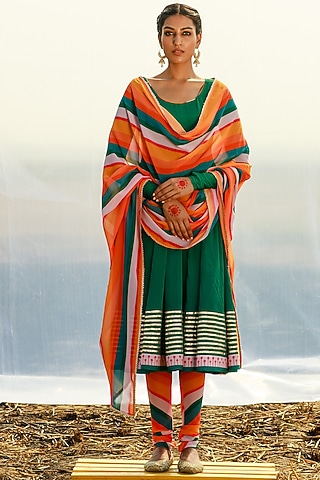 Green Embroidered and Printed Anarkali Set by Piyanshu Bajaj