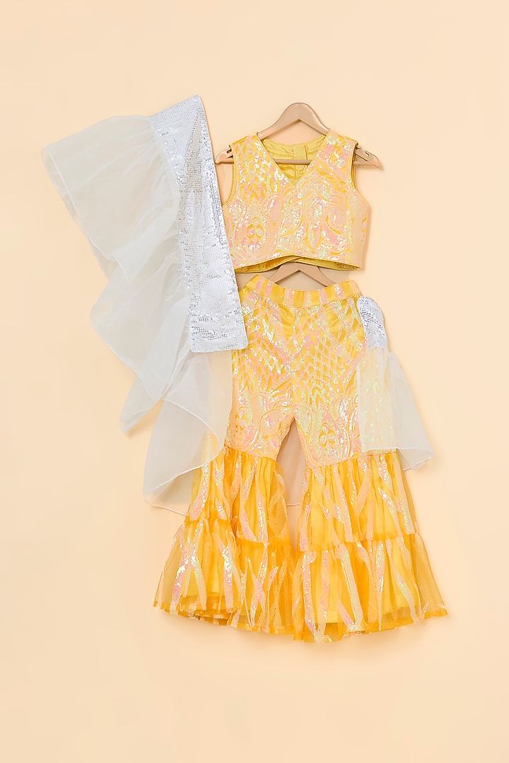 Mango Yellow Embroidered Net Sharara Set For Girls by PiccoRicco at Pernia's Pop Up Shop