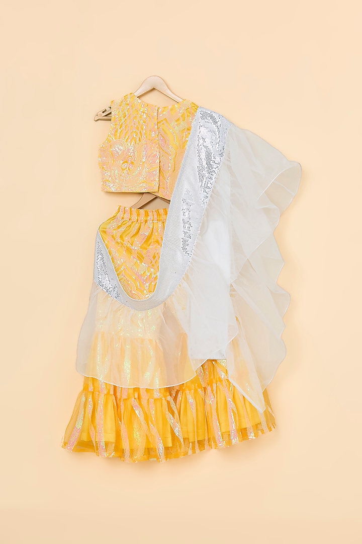 Mango Yellow Embroidered Net Sharara Set For Girls by PiccoRicco at Pernia's Pop Up Shop