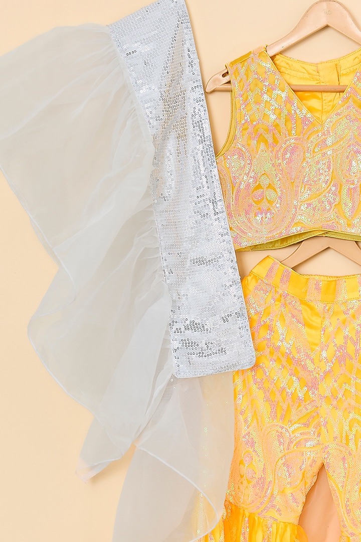 Mango Yellow Embroidered Net Sharara Set For Girls by PiccoRicco at Pernia's Pop Up Shop