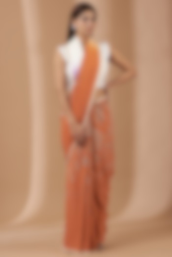 Orange Hand Block Printed Saree Set by Parijat