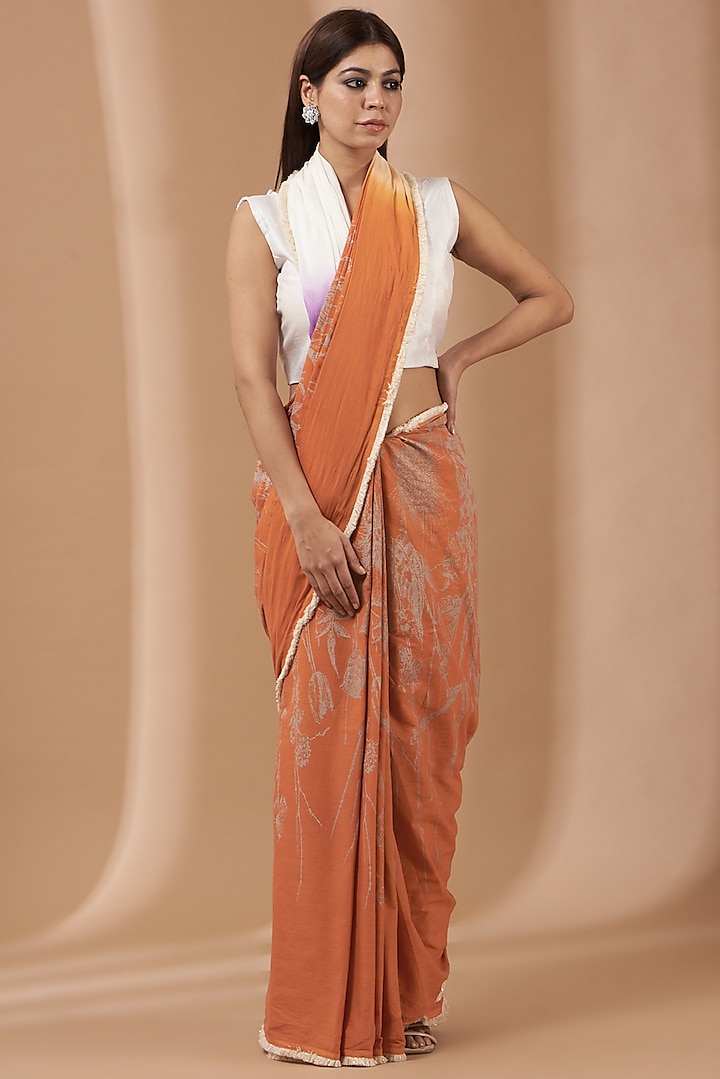 Orange Hand Block Printed Saree Set by Parijat at Pernia's Pop Up Shop