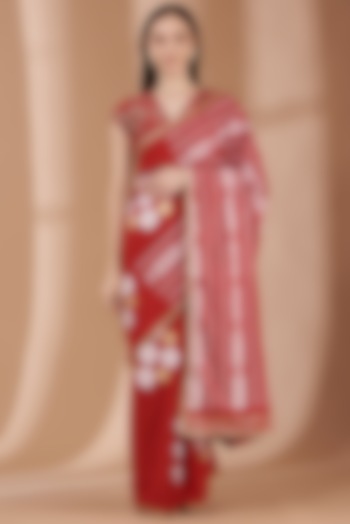 Red Hand Block Printed Saree Set by Parijat