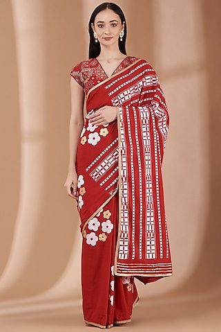 Red Hand Block Printed Saree Set by Parijat