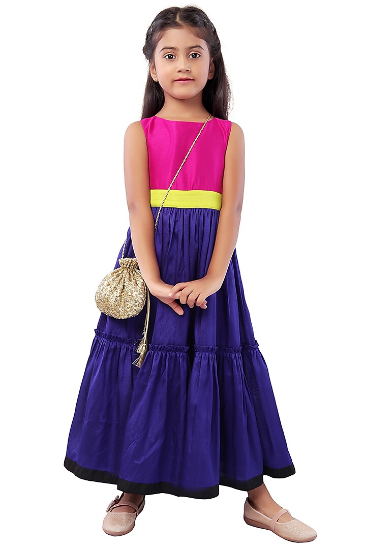 Purple & Fuchsia Pink Crepe Dress For Girls by Mini Chic