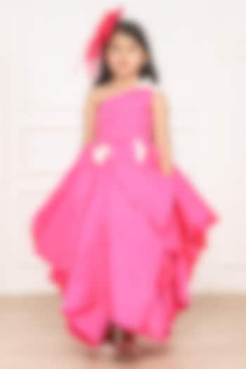 Pink Taffeta & Butter Crepe Pearl Embellished One-Shoulder Flared Gown For Girls by Pink Cow at Pernia's Pop Up Shop