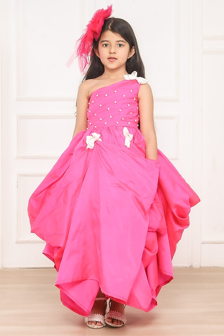 Pink Taffeta & Butter Crepe Pearl Embellished One-Shoulder Flared Gown For Girls by Pink Cow at Pernia's Pop Up Shop