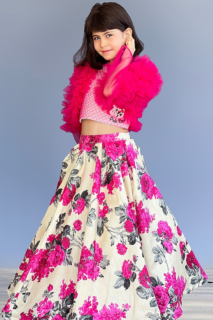 Pink Raw Silk Floral Printed Lehenga Set For Girls by Pink Cow