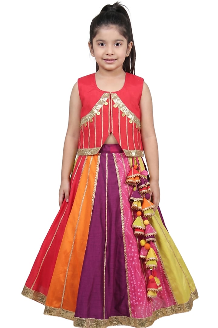 Multi-Colored Chiffon & Cotton Lehenga Set For Girls by Sky Is Pink at Pernia's Pop Up Shop