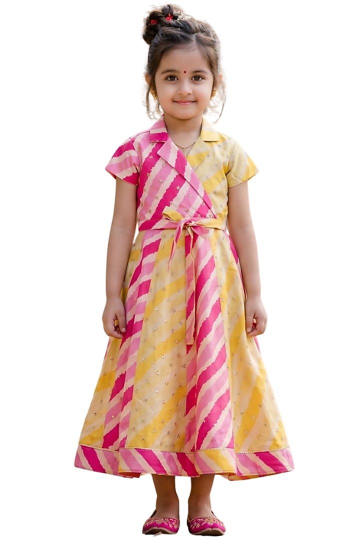 Pink Tussar Silk Printed & Embroidered Lehenga Set For Girls by Sky Is Pink at Pernia's Pop Up Shop