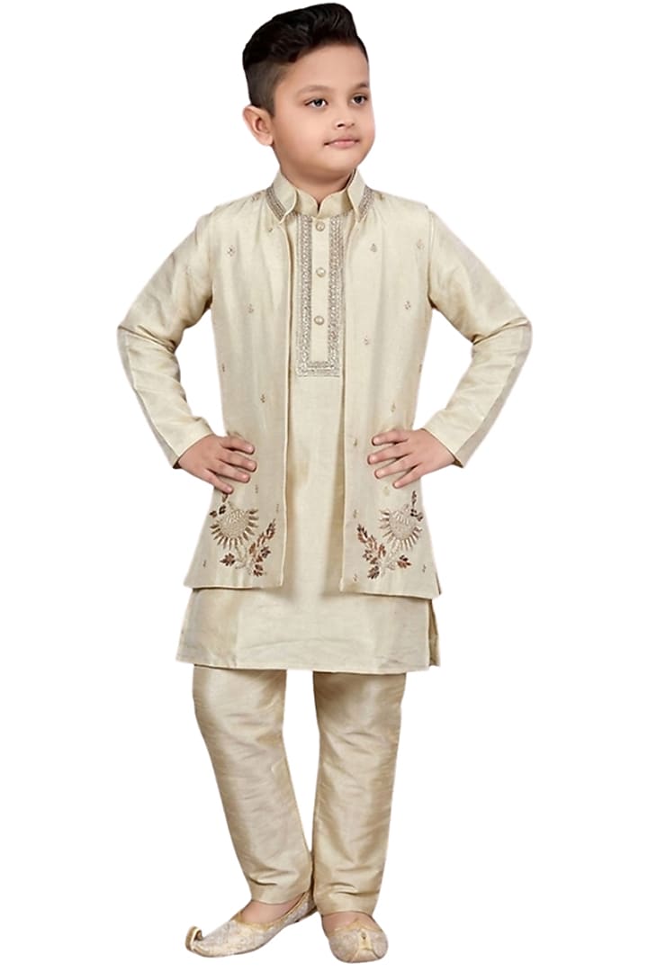 Cream Tissue Embroidered Nehru Jacket Set For Boys by Sky Is Pink at Pernia's Pop Up Shop