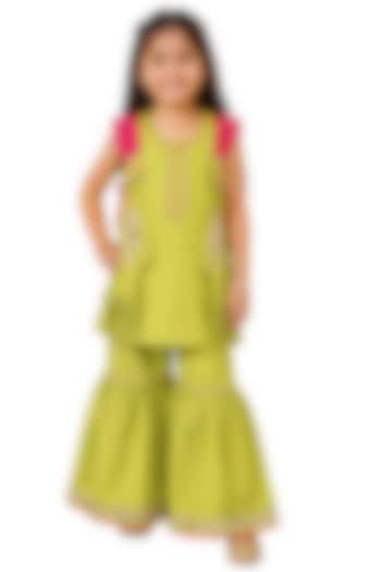 Parrot Green Cotton Satin Sharara Set For Girls by Sky Is Pink at Pernia's Pop Up Shop