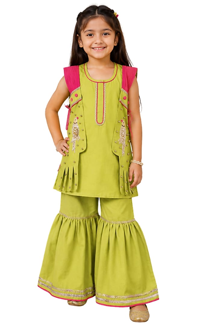 Parrot Green Cotton Satin Sharara Set For Girls by Sky Is Pink at Pernia's Pop Up Shop