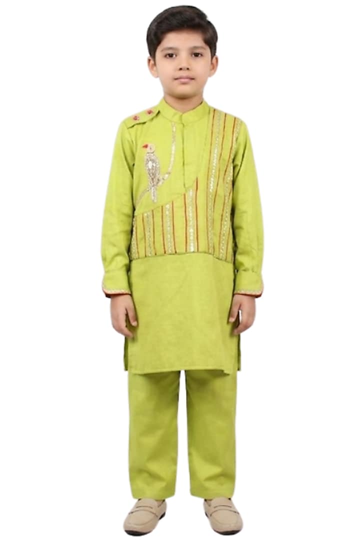 Parrot Green Cotton Satin Embroidered Kurta Set For Boys by Sky Is Pink at Pernia's Pop Up Shop