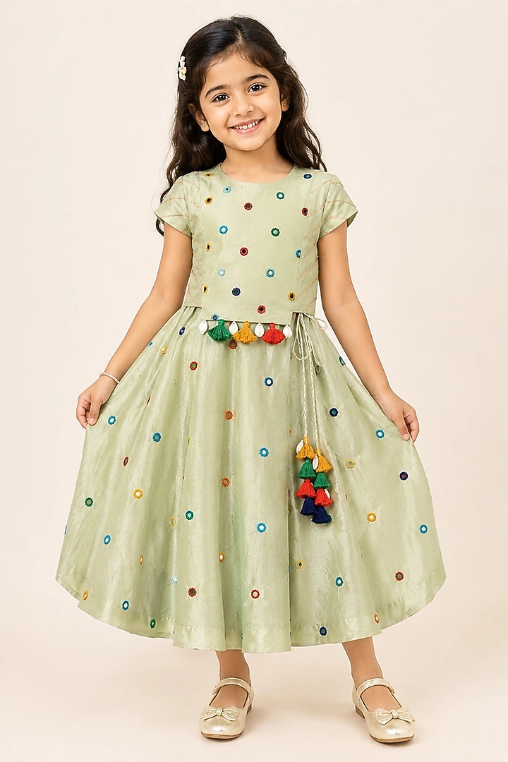 Mint Green Tabby Silk Mirror Embroidered Lehenga Set For Girls by Sky Is Pink at Pernia's Pop Up Shop