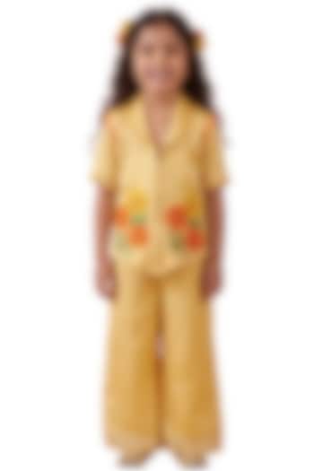 Pastel Yellow Tabby Silk Floral Embroidered Co-Ord Set For Girls by Sky Is Pink at Pernia's Pop Up Shop