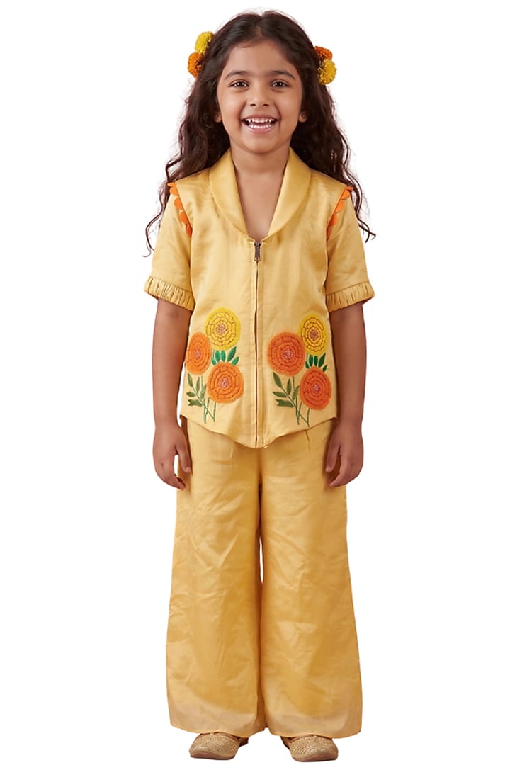 Pastel Yellow Tabby Silk Floral Embroidered Co-Ord Set For Girls by Sky Is Pink at Pernia's Pop Up Shop