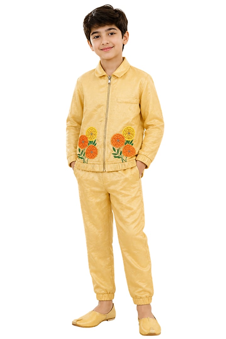 Pastel Yellow Tabby Silk Floral Embroidered Jacket Set For Boys by Sky Is Pink at Pernia's Pop Up Shop