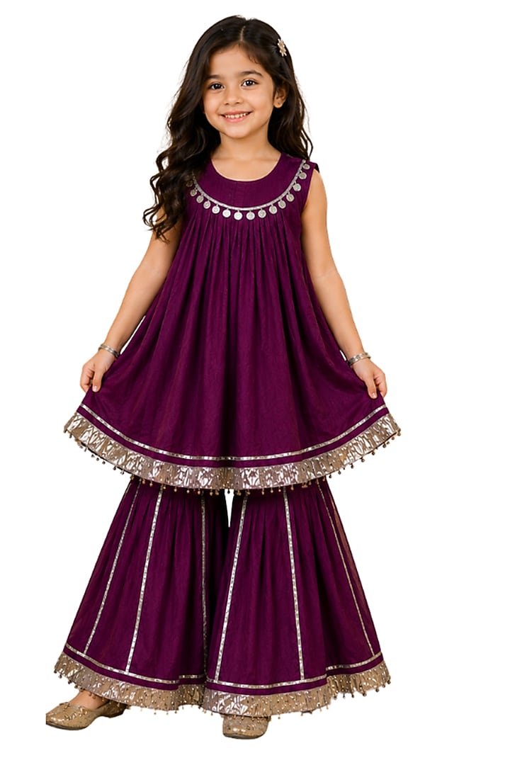 Purple Bamberg Silk Sharara Set For Girls by Sky Is Pink at Pernia's Pop Up Shop