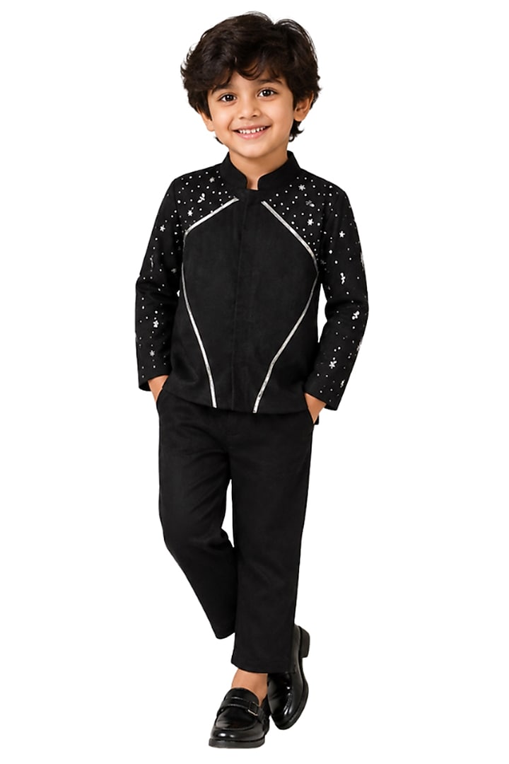 Black Summer Velvet Pearl Embroidered Jacket Set For Boys by Sky Is Pink at Pernia's Pop Up Shop