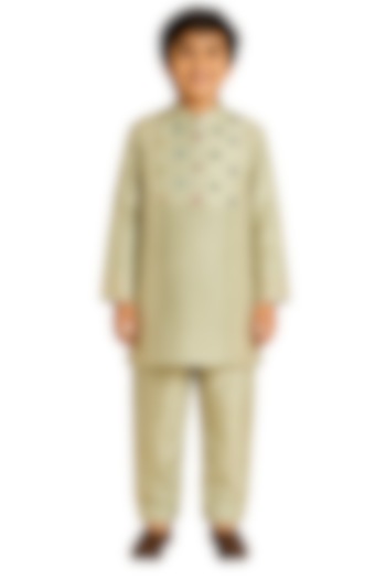 Mint Green Tabby Silk Mirror Embroidered Kurta Set For Boys by Sky Is Pink at Pernia's Pop Up Shop