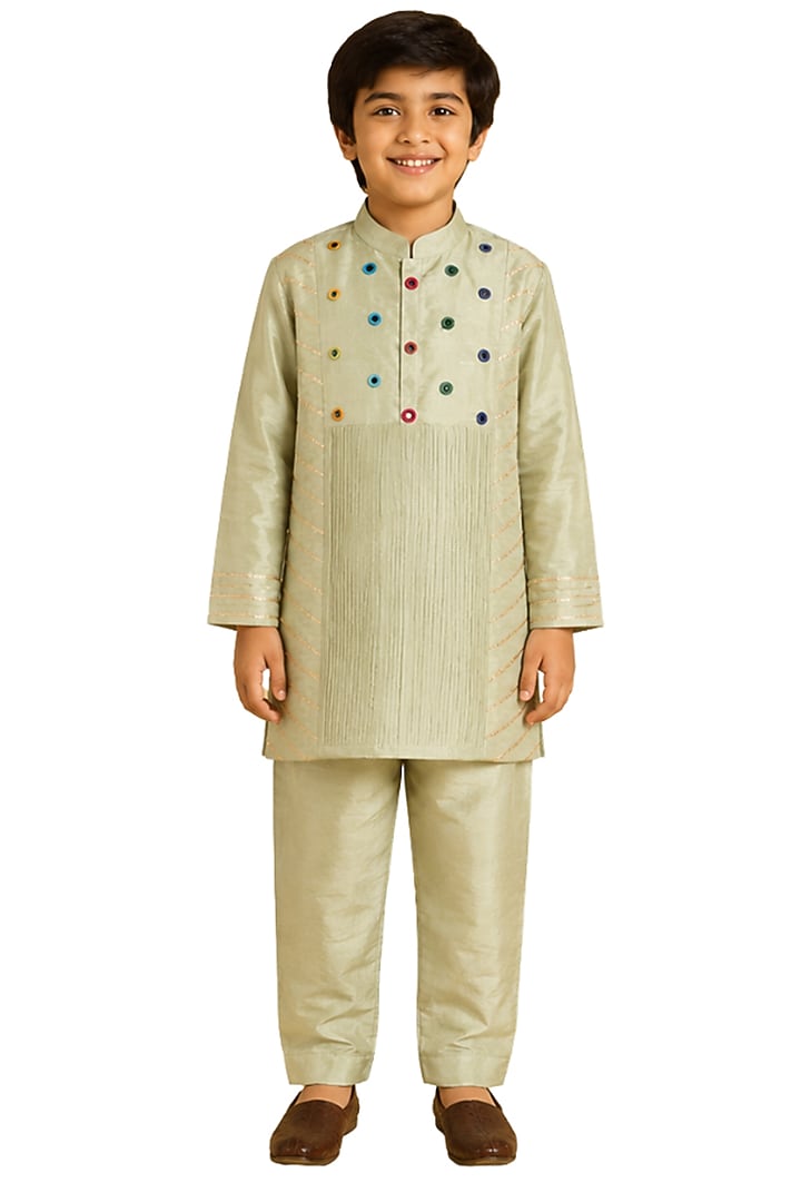 Mint Green Tabby Silk Mirror Embroidered Kurta Set For Boys by Sky Is Pink at Pernia's Pop Up Shop