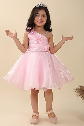 Pink Polyester Poly Silk Dress For Girls by A.T.U.N. (All Things Uber Nice)