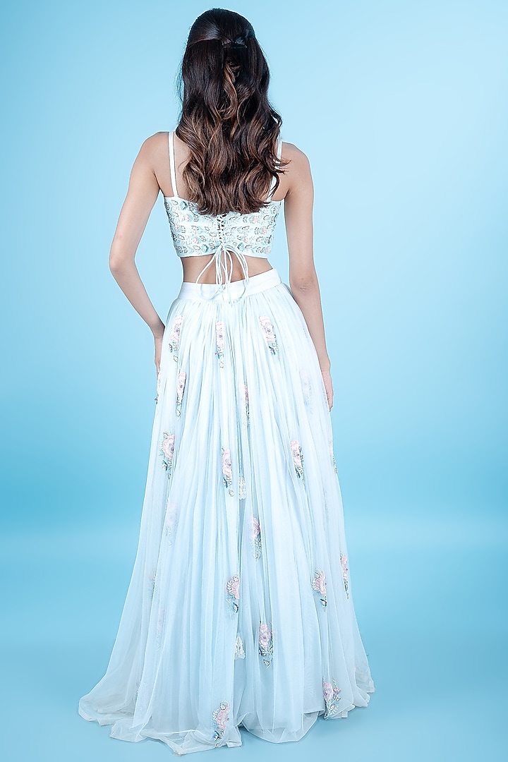 Periwinkle Blue Tulle Floral Motif Work Wedding Lehenga Set by Peach It Up By Samridhi at Pernia's Pop Up Shop