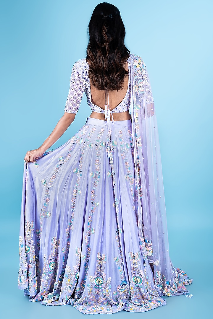Lavender Chanderi Sequins & Floral Embroidered Bridal Lehenga Set by Peach It Up By Samridhi at Pernia's Pop Up Shop