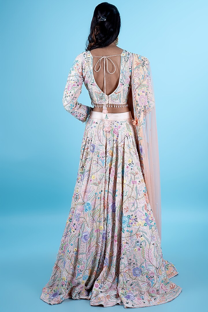 Peach Raw Silk Floral Work Bridal Lehenga Set by Peach It Up By Samridhi at Pernia's Pop Up Shop