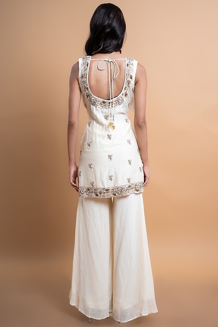 Ivory Georgette Palazzo Pant Set by Peach It Up By Samridhi at Pernia's Pop Up Shop
