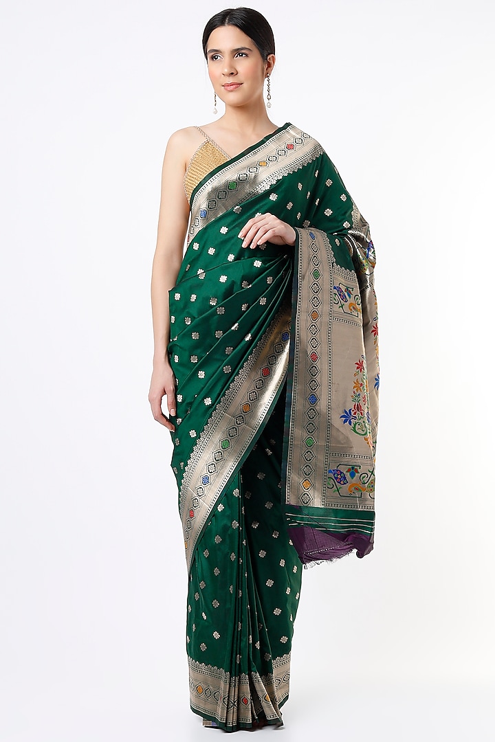 Emerald Green Silk Banarasi Brocade Saree Set by Priyanka Jha