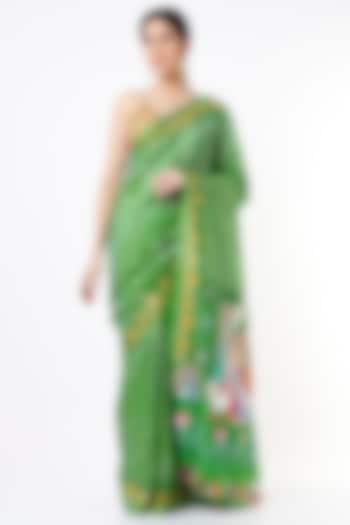Fresh Green Pure Katan Silk Banarasi Hand Painted Saree Set by Priyanka Jha