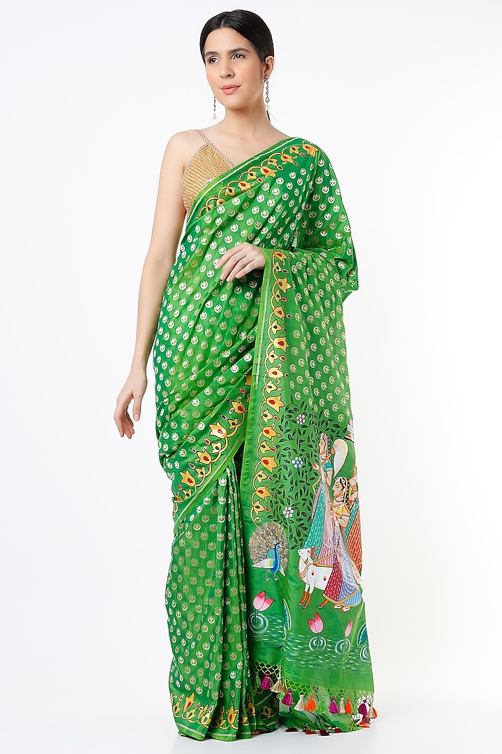 Fresh Green Pure Katan Silk Banarasi Hand Painted Saree Set by Priyanka Jha