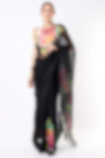 Black Hand Painted & Embroidered Party Wear Saree Set by Priyanka Jha at Pernia's Pop Up Shop