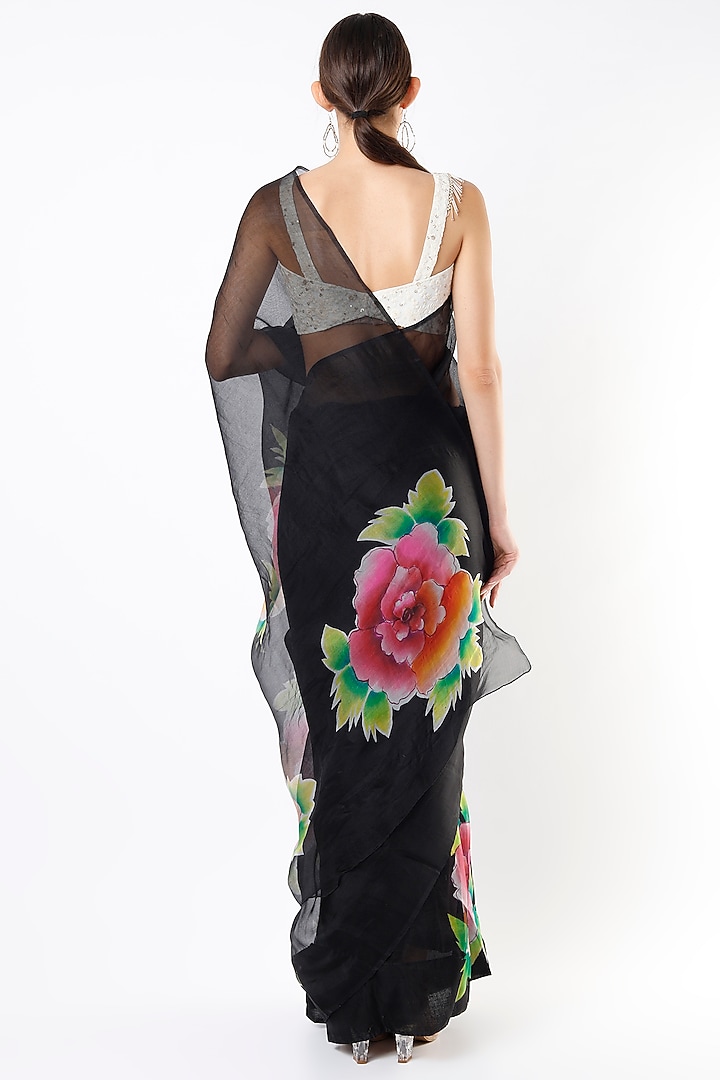 Black Hand Painted & Embroidered Party Wear Saree Set by Priyanka Jha at Pernia's Pop Up Shop
