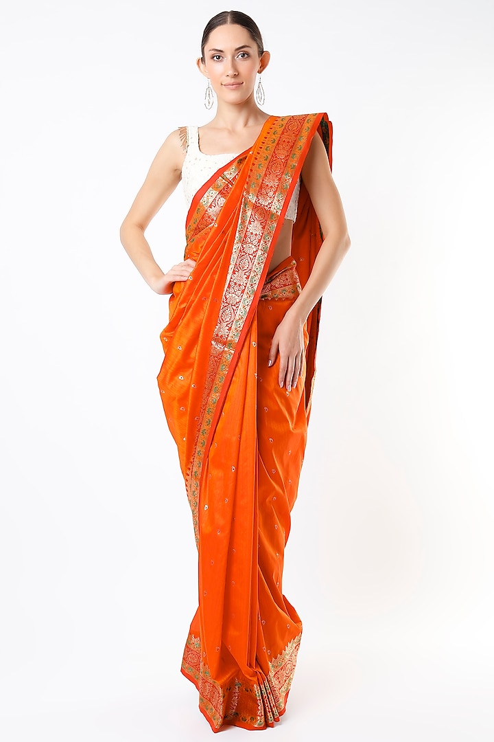Orange Silk Banarasi Brocade Saree Set by Priyanka Jha