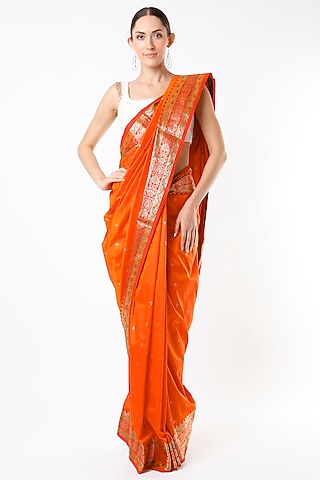 Orange Silk Banarasi Brocade Saree Set by Priyanka Jha