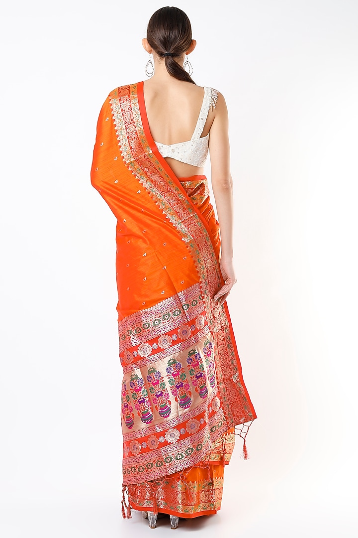 Orange Silk Banarasi Brocade Festive Saree Set by Priyanka Jha at Pernia's Pop Up Shop