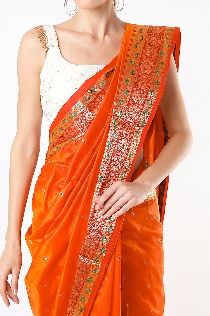 Orange Silk Banarasi Brocade Festive Saree Set by Priyanka Jha at Pernia's Pop Up Shop