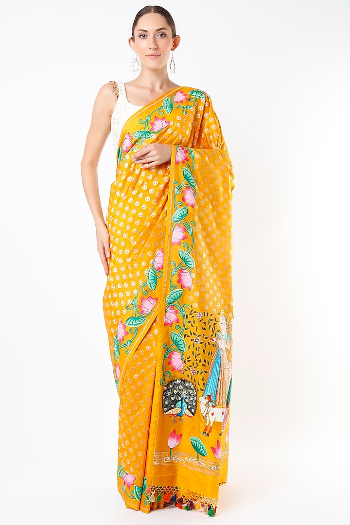 Yellow Hand Painted Saree Set by Priyanka Jha