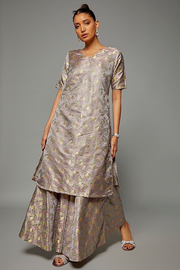 Grey Banarasi Silk Printed Wedding Sharara Set by Priyanka Jha at Pernia's Pop Up Shop