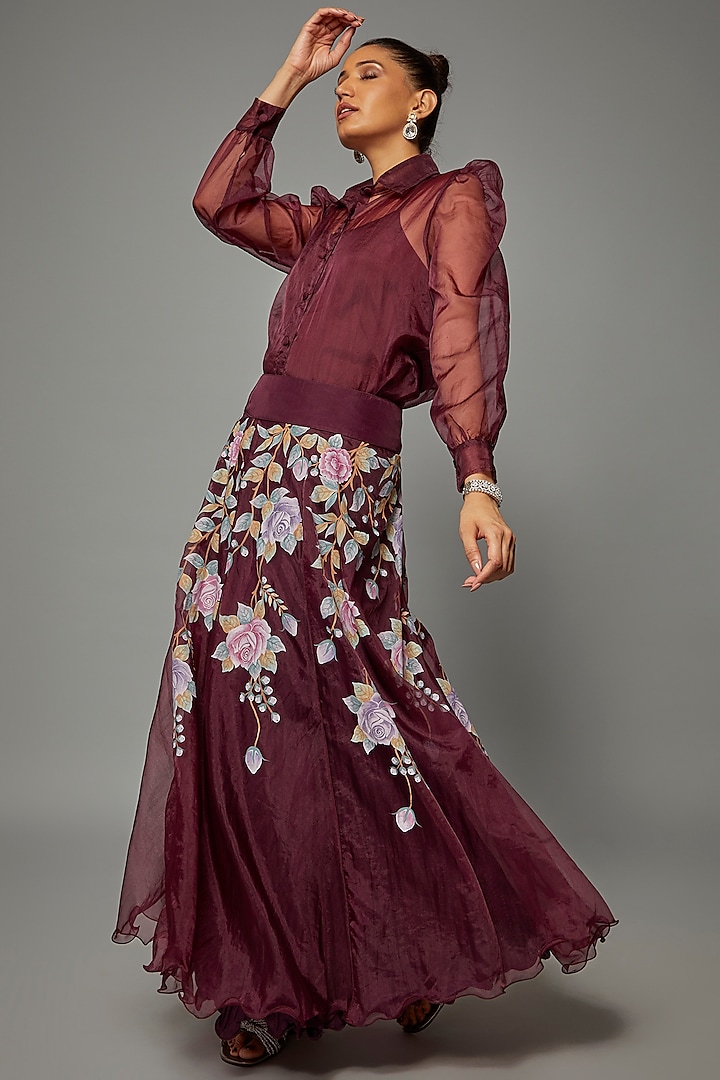 Dark Wine Organza Silk Printed Skirt Set by Priyanka Jha